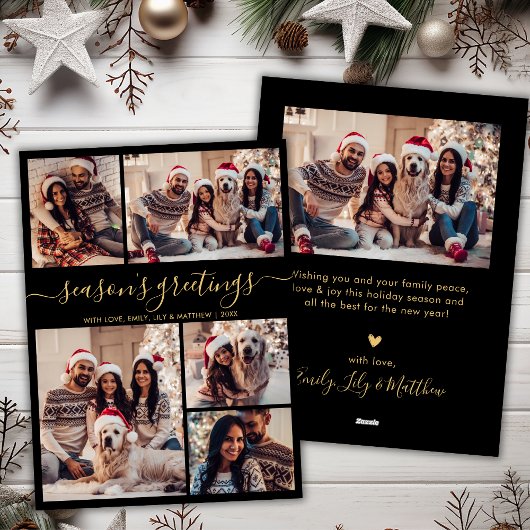 Seizoenen Groeten Chic Zwart Goud Script 5 Foto Feestdagenkaart