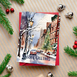Seizoenen groeten Kerstmis winterstraat New York Briefkaart<br><div class="desc">Seizoenen groeten kerst besneeuwd winter New York straat groeten kerst nieuwjaar briefkaart,  sneeuw winter wonderland in New York moderne waterverf</div>