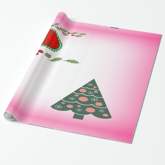 Seizoenen Groeten Levendig Groene Grens Holly/Tree Cadeaupapier (Uitgerold)