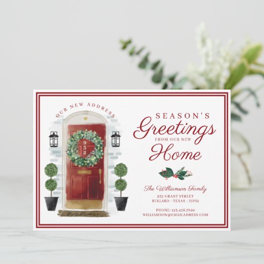 Seizoenen Groeten Nieuw Huis Rode Waterverf Door Feestdagenkaart (Staand voorkant)