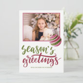Seizoenen groeten roze groene scriptfoto feestdagenkaart (Staand voorkant)