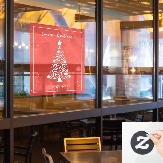 Seizoenen Groeten Witte kerstboom op rood Raamsticker (Restaurant Raam)
