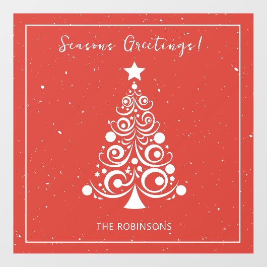 Seizoenen Groeten Witte kerstboom op rood Raamsticker (Vel)