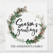 Seizoenen Groetings Familie Monogram Kerst Wijn Etiket (Enkel label)