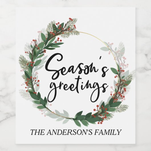 Seizoenen Groetings Familie Monogram Kerst Wijn Etiket (Enkel label)