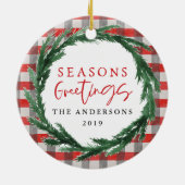 Seizoenen Groetjes Check + krans Kerstfoto Keramisch Ornament (Achterkant)
