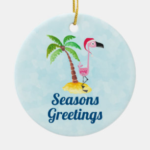 Seizoenen Roze Flamingo in Santa Hat Keramisch Ornament