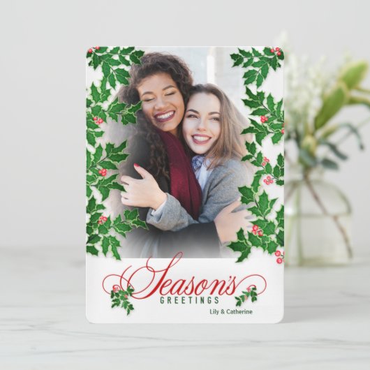 Seizoengroeten Holly en Berries - Verticale foto Feestdagenkaart (Staand voorkant)