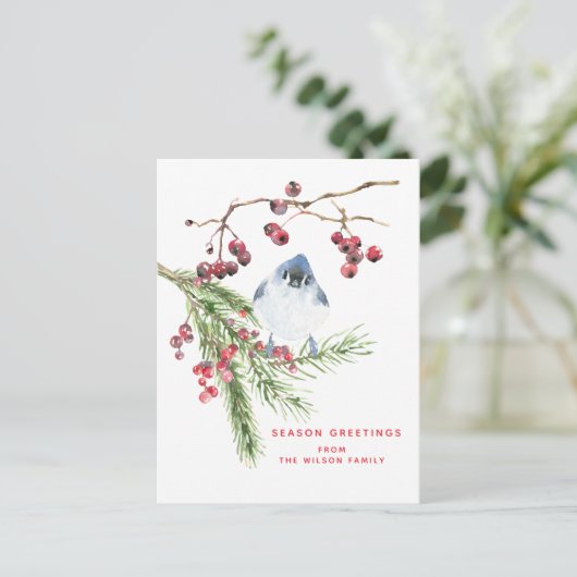 Seizoengroeten - kerstgroen met vogel briefkaart (Staand voorkant)
