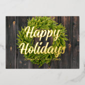 Seizoengroeten Landelijke dennenkrans van hout Folie Feestdagenkaart (Voorkant)