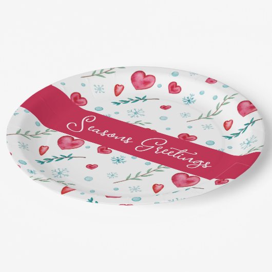 Seizoengroeten | Snowflake en hartfeestdag Papieren Bordje (Gekanteld)