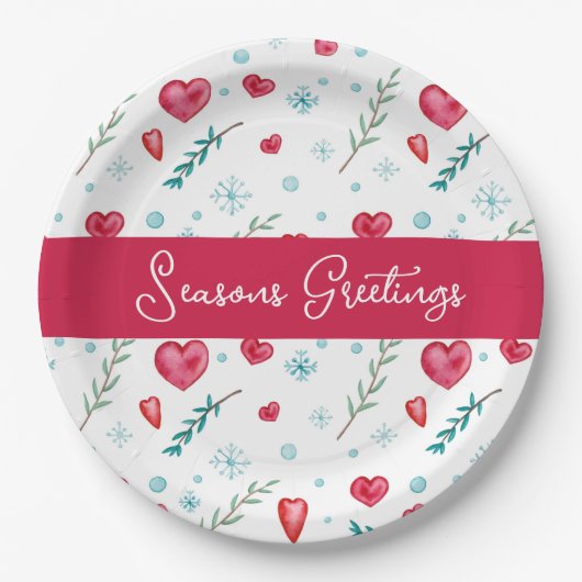 Seizoengroeten | Snowflake en hartfeestdag Papieren Bordje (Voorkant)