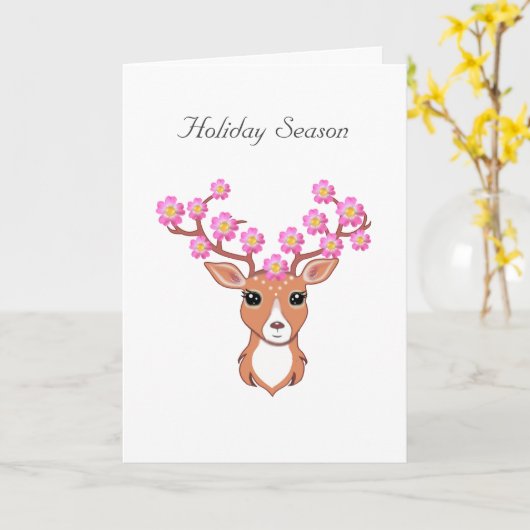 Seizoenrendierziekte met roze bloemen kaart (Gele Bloem)