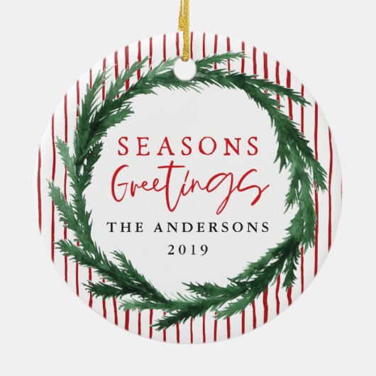 Seizoensbegroeten met adem + kerstfoto stripe keramisch ornament (Achterkant)