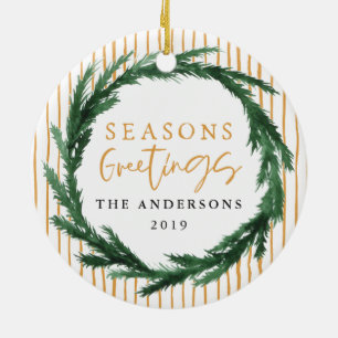 Seizoensbegroeten met adem + kerstfoto stripe keramisch ornament