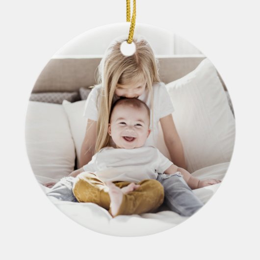 Seizoensbegroeten met adem + kerstfoto stripe keramisch ornament (Voorkant)