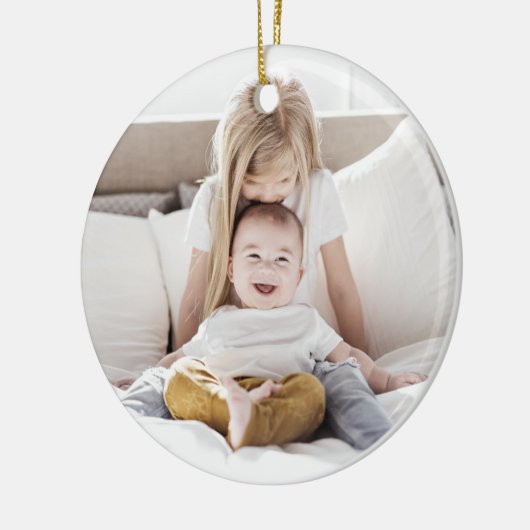 Seizoensbegroeten met adem + kerstfoto stripe keramisch ornament (Links)