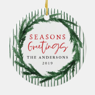 Seizoensbegroeten met adem + kerstfoto stripe keramisch ornament