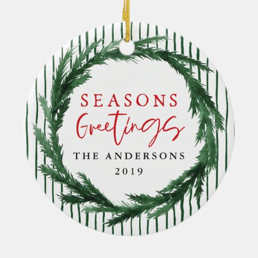 Seizoensbegroeten met adem + kerstfoto stripe keramisch ornament (Achterkant)