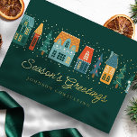 Seizoensbegroeten Modern Winter Snow Village Folie Feestdagen Briefkaart<br><div class="desc">Uw zakelijke logo kan achteraan worden toegevoegd. Wijzig het vakantiebericht,  de bedrijfsnaam of de bedrijfsnaam. Hier te vinden op: http://www.zazzle.com/selectpartysupplies</div>