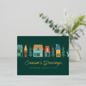 Seizoensbegroeten Modern Winter Snow Village Folie Feestdagen Briefkaart (Staand Voorkant)