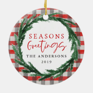 Seizoensbegroetings check + brede kerstfoto keramisch ornament