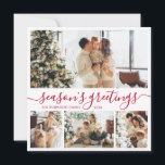 Seizoensbegroetings script Foto Collage Kerstmis Feestdagenkaart<br><div class="desc">Elegant Calligraphy Minimalist Red en White 4 Photo Collage "Sason's Greetings" Script Kerstfeestdag kaart. Deze feestelijke, feestelijke, vier (4) fotovakantiekaart sjabloon is voorzien van een fotocollage en zegt: "De groeten van het seizoen". De tekst is geschreven in een prachtig handgeschreven cursief, donkerachtig swash-tail lettertype. Aan de achterkant met de sjabloon...</div>