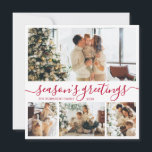 Seizoensbegroetings script Foto Collage Kerstmis Feestdagenkaart<br><div class="desc">Elegant Calligraphy Minimalist Red en White 4 Photo Collage "Sason's Greetings" Script Kerstfeestdag kaart. Deze feestelijke, feestelijke, vier (4) fotovakantiekaart sjabloon is voorzien van een fotocollage en zegt: "De groeten van het seizoen". De tekst is geschreven in een prachtig handgeschreven cursief, donkerachtig swash-tail lettertype. Aan de achterkant met de sjabloon...</div>