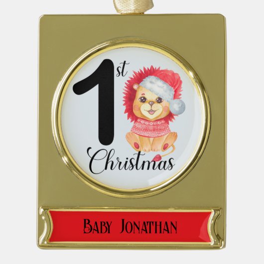 Seizoensgebonden Beer Baby Boy 1st Christmas Name Verguld Banner Ornament (Voorkant)