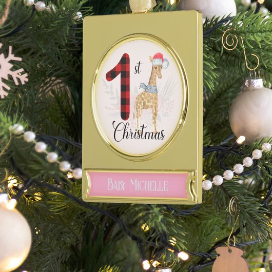 Seizoensgebonden Giraffe Baby 1e Kerstnaam Keepsak Verguld Banner Ornament