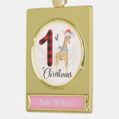 Seizoensgebonden Giraffe Baby 1e Kerstnaam Keepsak Verguld Banner Ornament (Links)