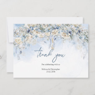 Seizoensgebonden poederblauwe bloemen witte rozen  bedankkaart