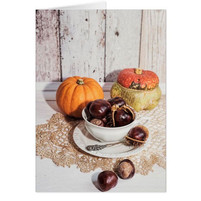 Seizoensgebonden rustige herfst kastanje en pompoe (Voorkant)