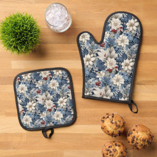 Seizoensgebonden winterbloemen betegeld patroon ovenwant & pannenlap set
