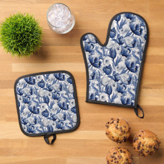Seizoensgebonden winterbloemen betegeld patroon ovenwant & pannenlap set