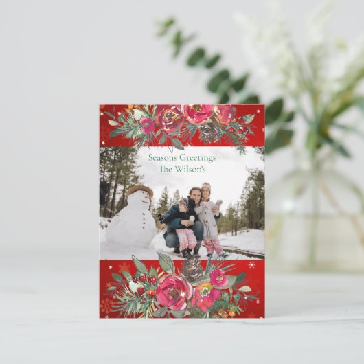 Seizoensgroet Rode Groene Dennenappels Tak Foto Feestdagenkaart (Staand voorkant)