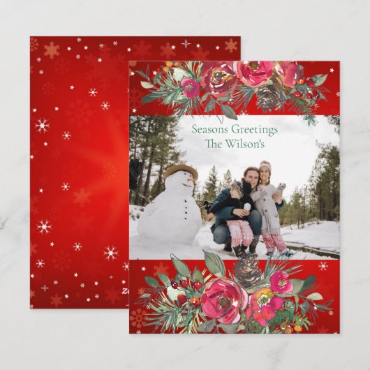 Seizoensgroet Rode Groene Dennenappels Tak Foto Feestdagenkaart (Voorkant / Achterkant)