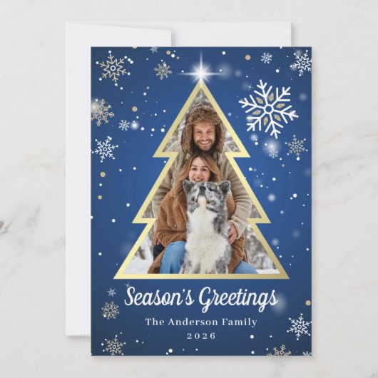 Seizoensgroeten Blauwe Kerstaven Foto Feestdagenkaart (Voorkant)