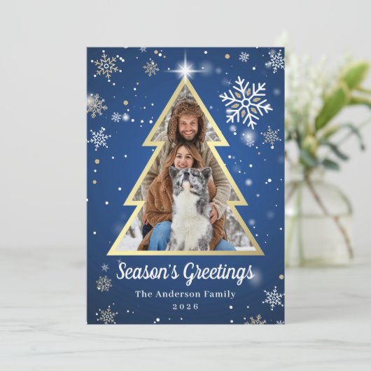 Seizoensgroeten Blauwe Kerstaven Foto Feestdagenkaart (Staand voorkant)