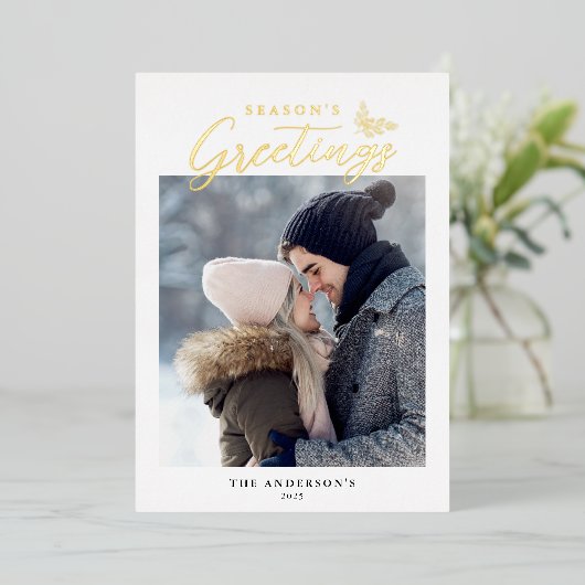 Seizoensgroeten Calligrafie Foto Gold Folie Feestdagenkaart (Staand Voorkant)