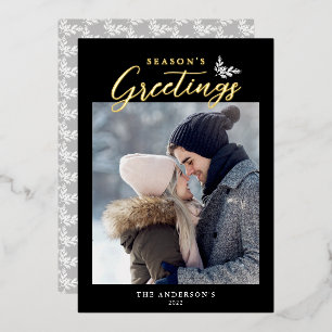 Seizoensgroeten Calligrafie Foto Zwart Goud Folie Feestdagenkaart