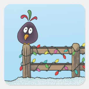 Seizoensgroeten Cartoon Vogel op Hek Vierkante Sticker