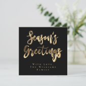 Seizoensgroeten Elegant Black Gold Script Chic Feestdagenkaart (Staand voorkant)