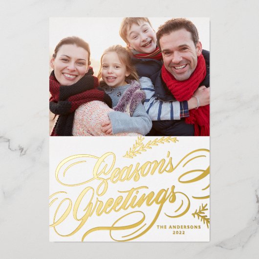 Seizoensgroeten Elegant Calligrafie Foto Folie Feestdagenkaart (Voorkant)