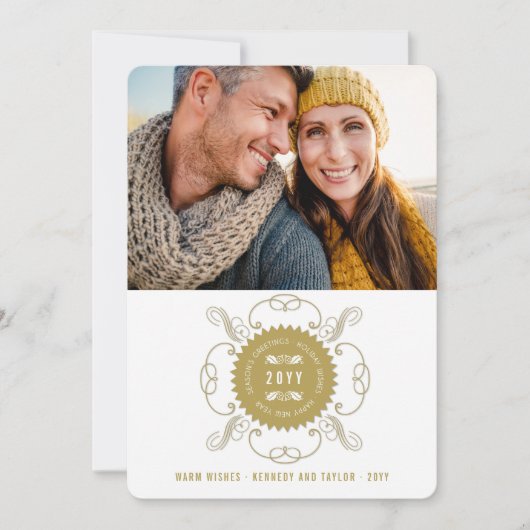 Seizoensgroeten Fijne nieuwjaars goudzegel Foto Feestdagenkaart (Voorkant)