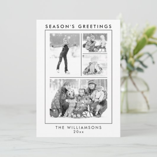 Seizoensgroeten, foto zwart en wit feestdagenkaart (Staand voorkant)