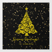 Seizoensgroeten Gouden Kerstboom op Zwart Raamsticker (Vel)