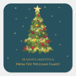 Seizoensgroeten Gouden Sneeuwvlokker Kerstboom Fam Vierkante Sticker