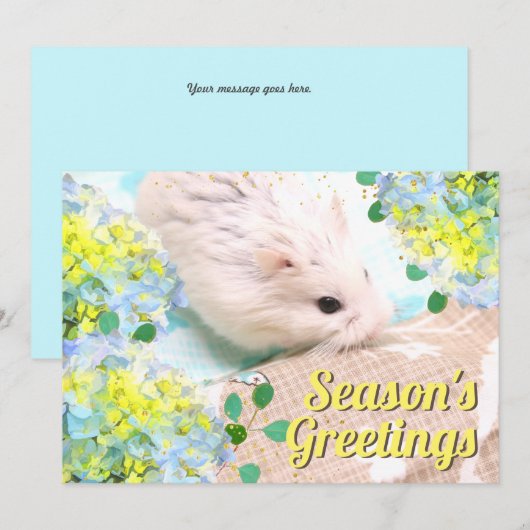 Seizoensgroeten Hamster met Blauwe Hortensia's Feestdagenkaart (Voorkant / Achterkant)