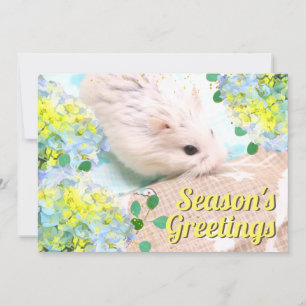 Seizoensgroeten Hamster met Blauwe Hortensia's Feestdagenkaart